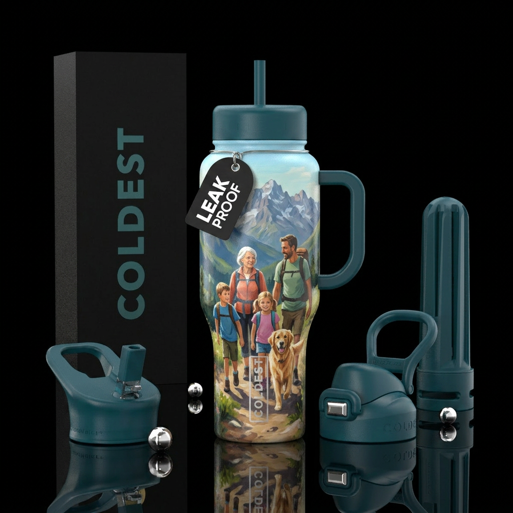 Painting of a family hike in the mountain with the... water bottle design