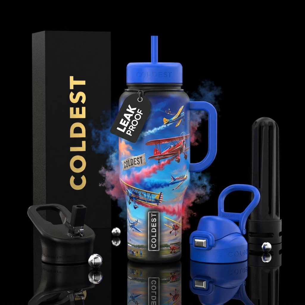 Air show where bi plane has banner behind it with ... water bottle design