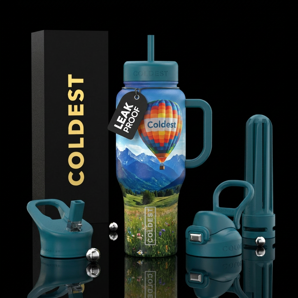Hot air balloon with Coldest Logo flies over a Mea... water bottle design