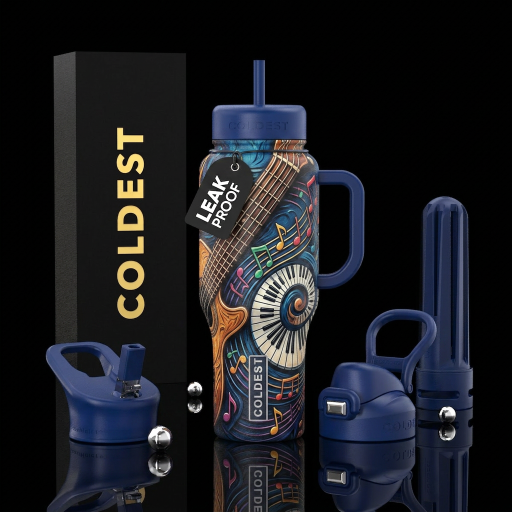 Musician bottle with guitar strings music notes an... water bottle design