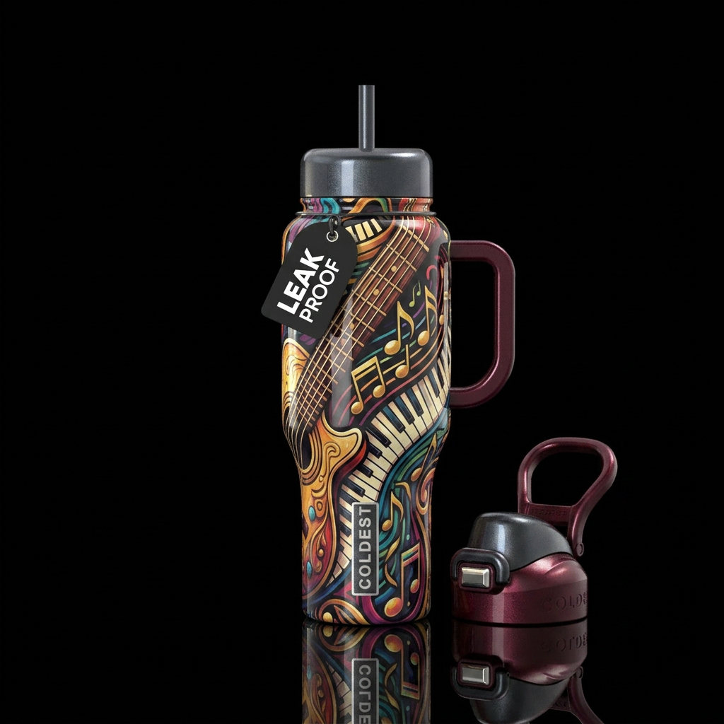 Musician bottle with guitar strings music notes an... water bottle design