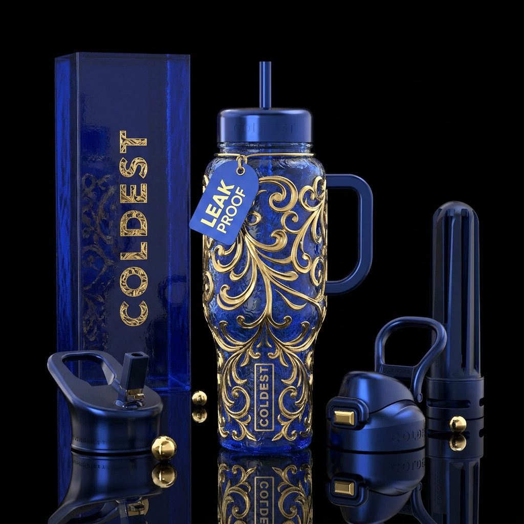 Golden metalic swirls over Saphire blue textured g... water bottle design