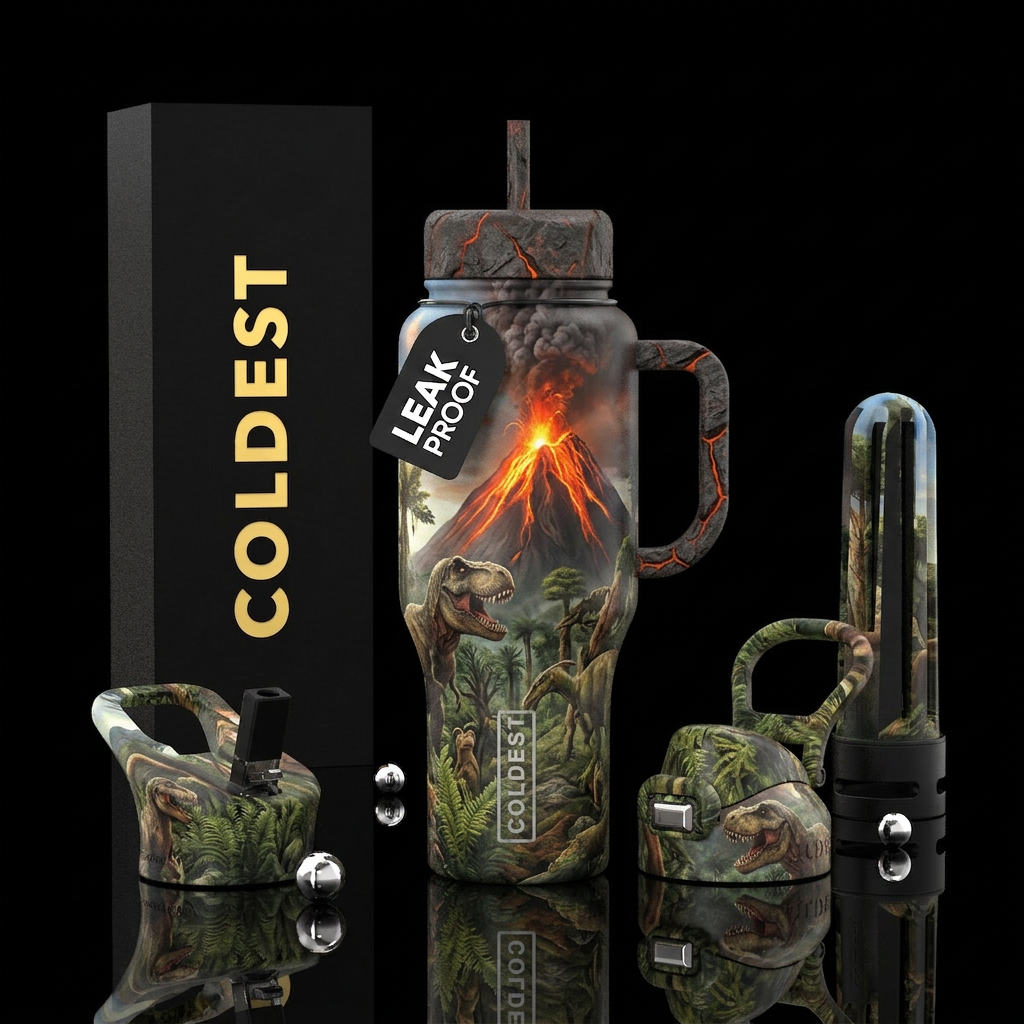 Lost world, dinosaurs. Erupting volcano, realism water bottle design