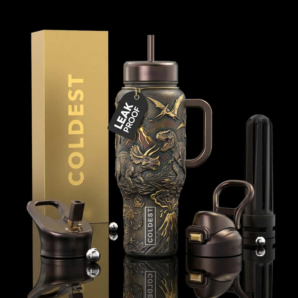 Battle of the t-rex and tricseroptops. Raised cast... water bottle design