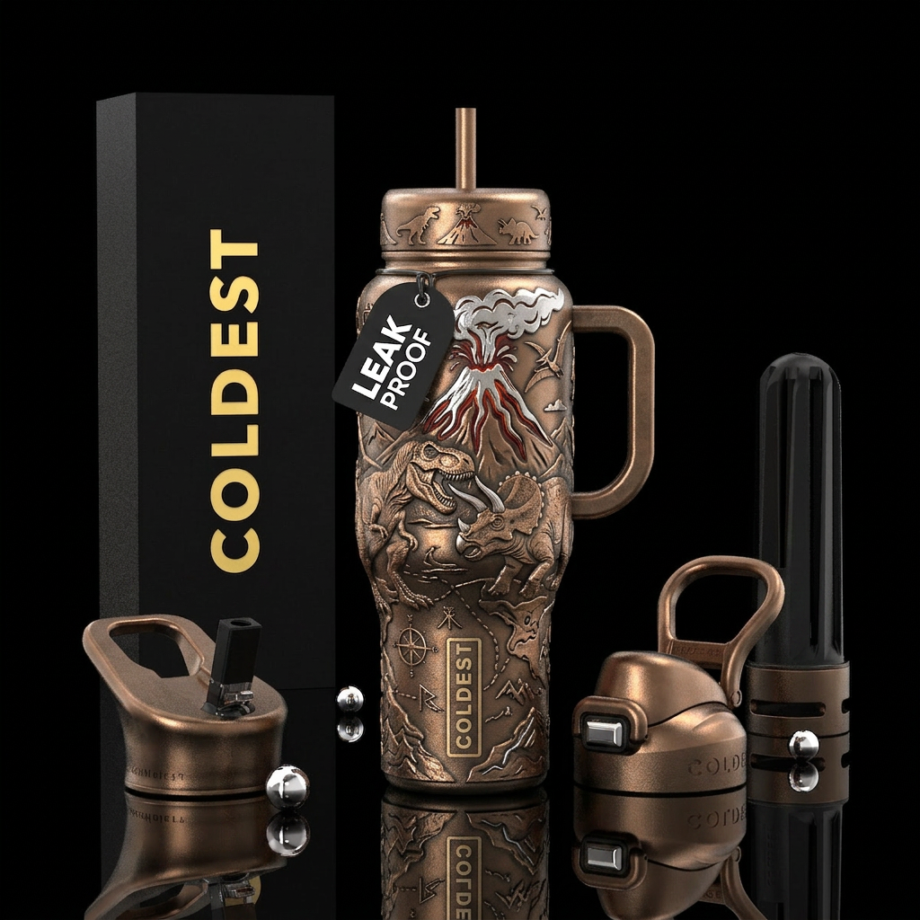 Battle of the t-rex and tricseroptops. Raised bron... water bottle design