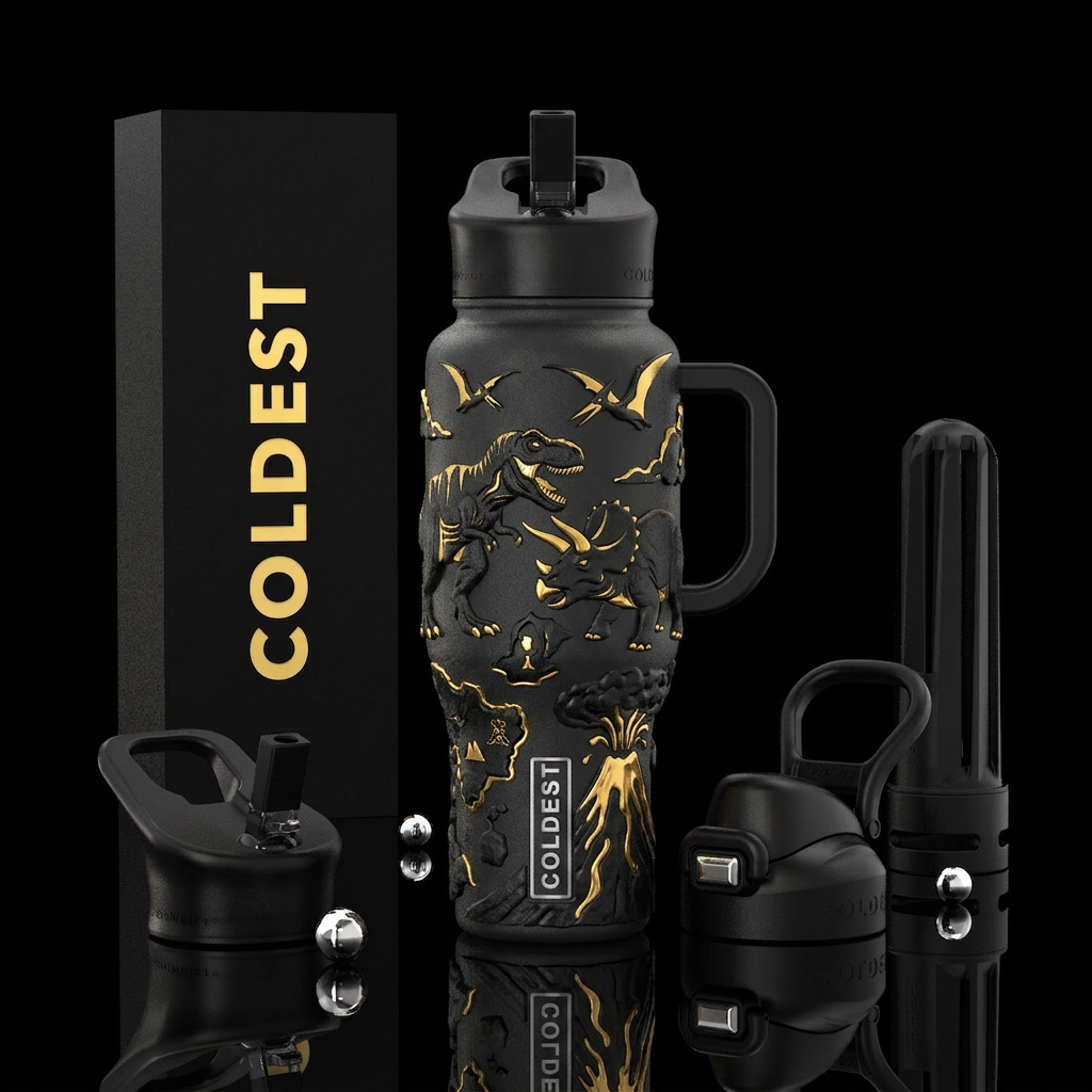 Battle of the t-rex and tricseroptops. Raised blac... water bottle design