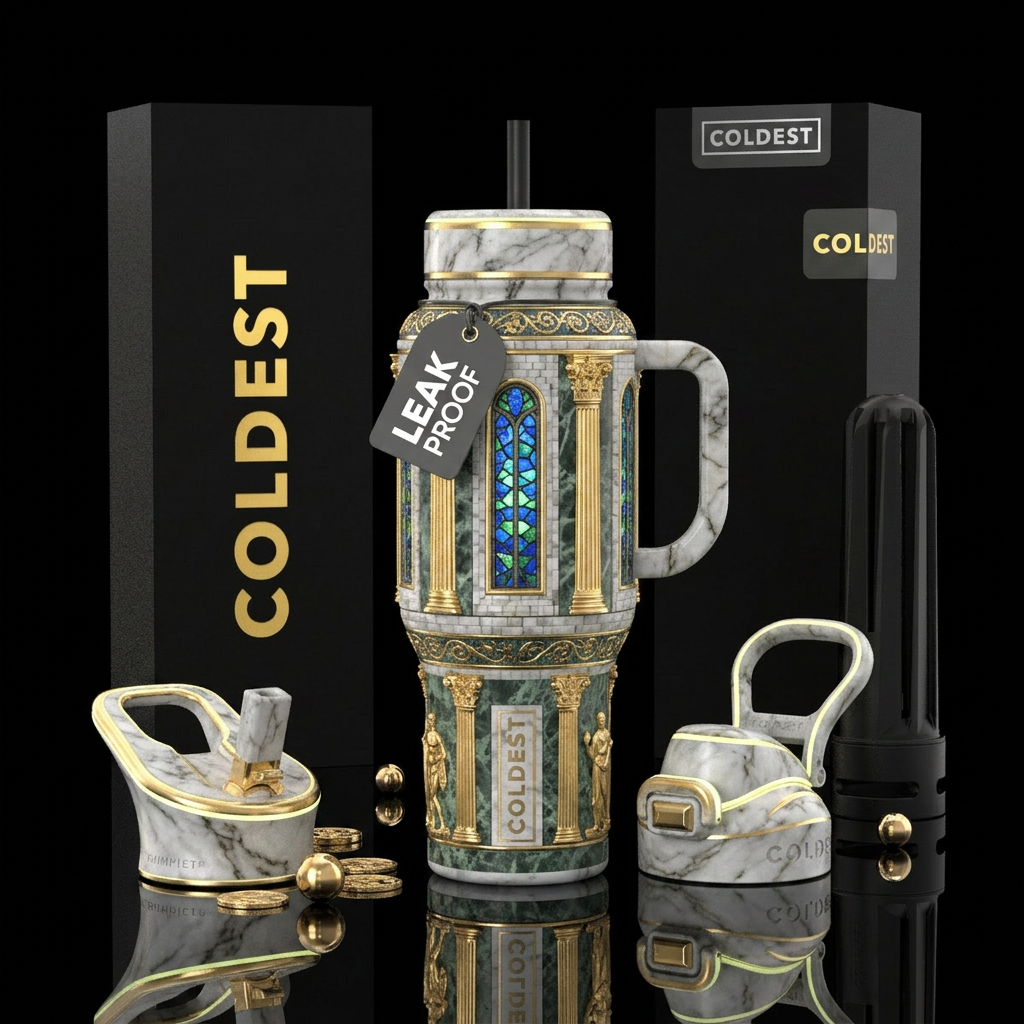 Tumbler is decorated as a roman bath with marble, ... water bottle design