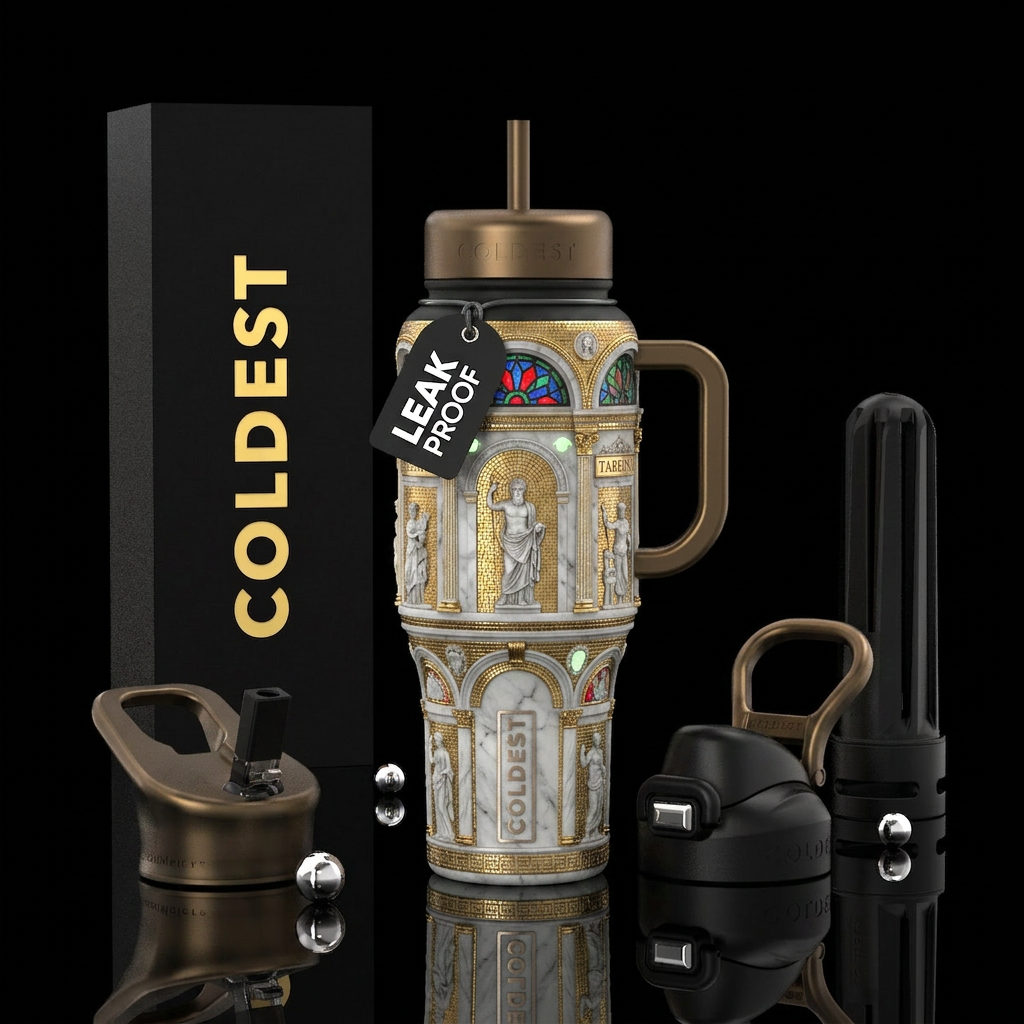 Tumbler is decorated as a roman bath with marble, ... water bottle design