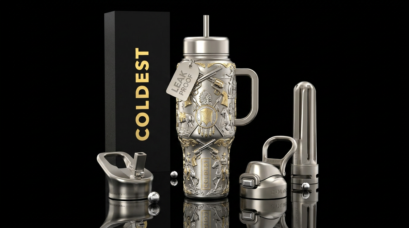 Nickel plated 6 guns crossed with depictions of th... water bottle design