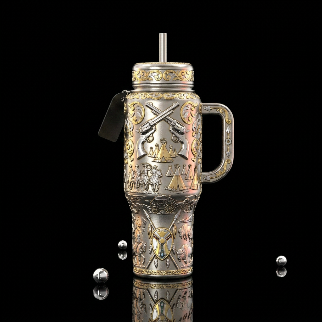 Nickel plated 6 guns crossed with depictions of th... water bottle design