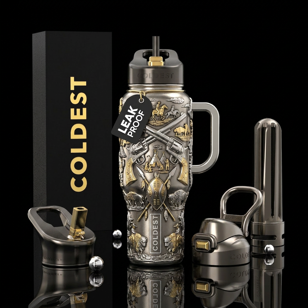 Nickel plated 6 guns crossed with depictions of th... water bottle design
