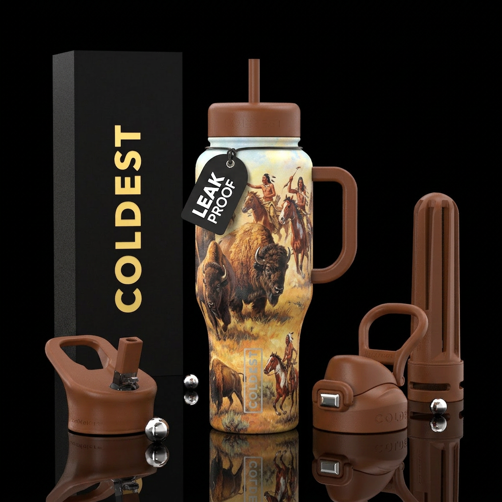 Tumbler is decorated in a western theme with Bison... water bottle design