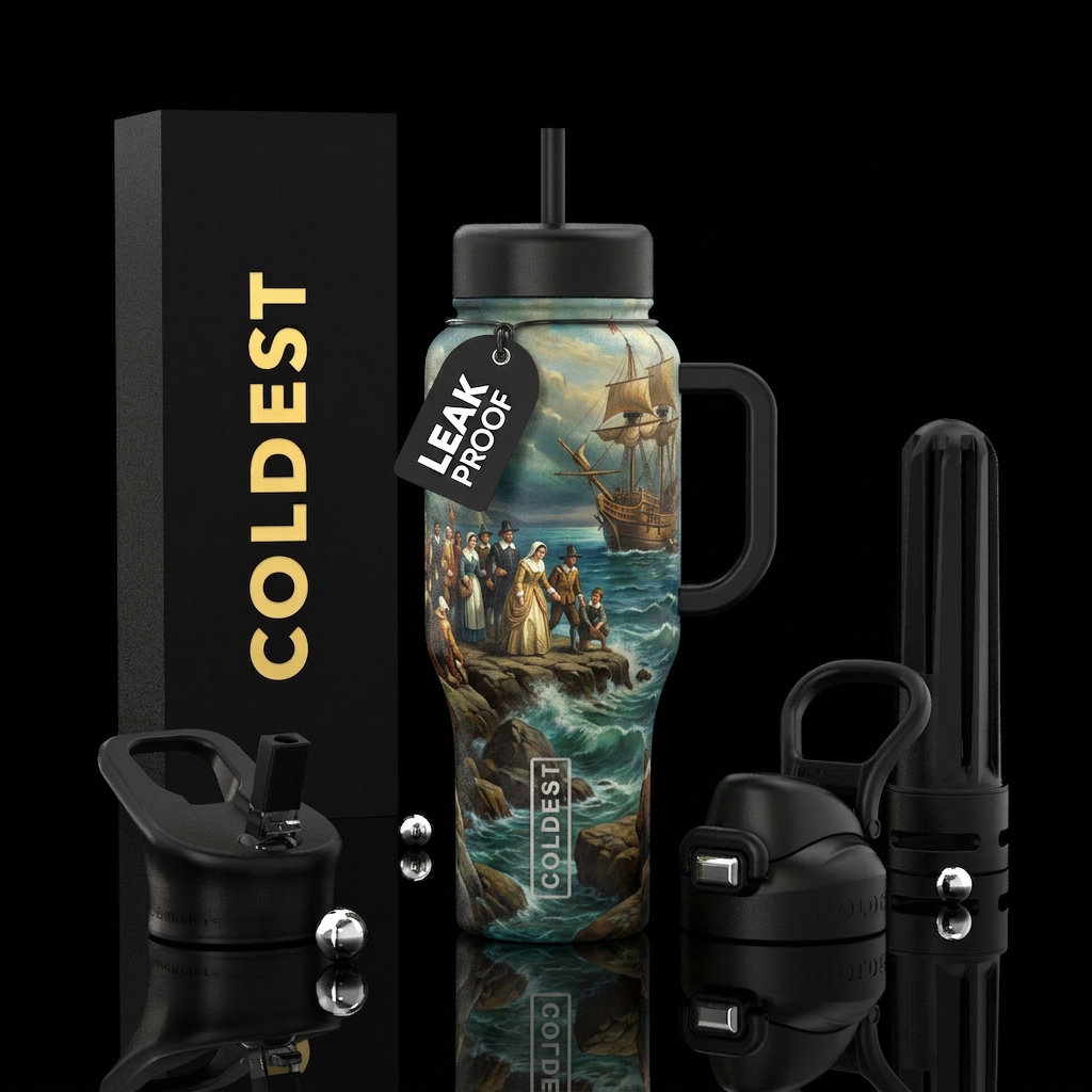 The landing of Plymouth rock water bottle design