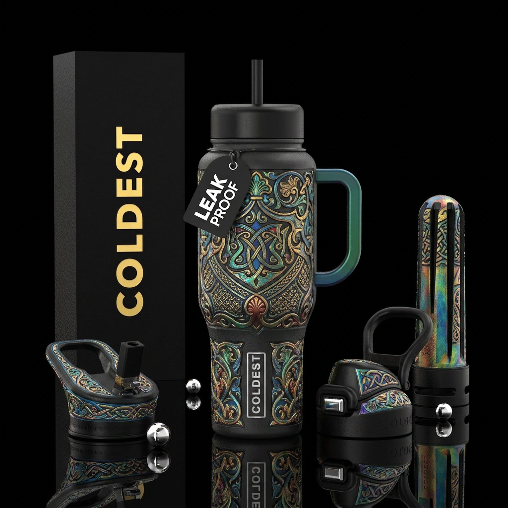 Intricate olde English carvings water bottle design