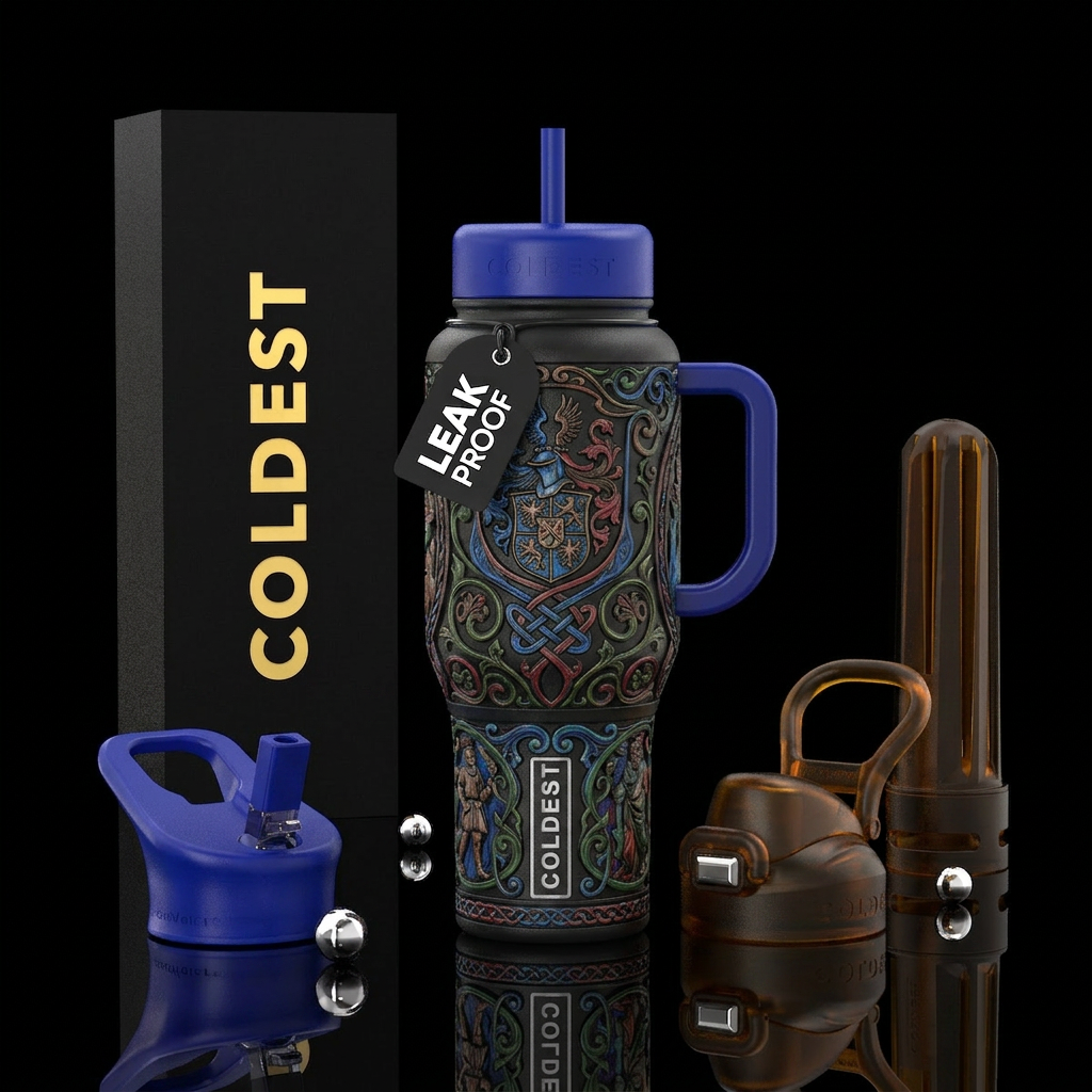 Intricate Old German carvings water bottle design