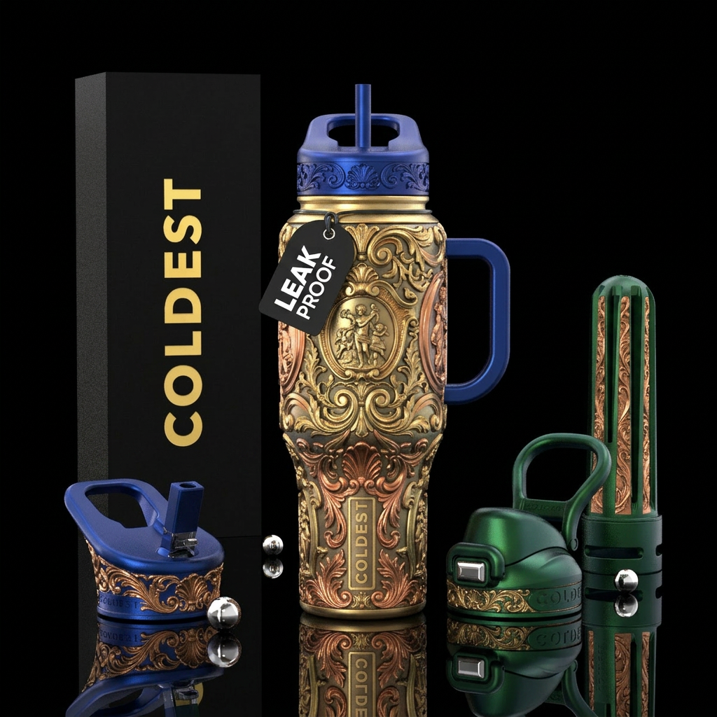 Intricate Old French carvings water bottle design