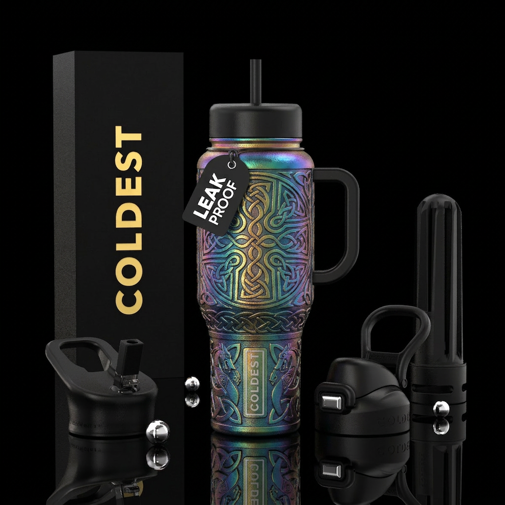 Intricate Old Scottish carvings water bottle design