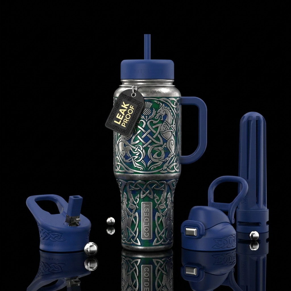 Intricate Old Scottish carvings water bottle design