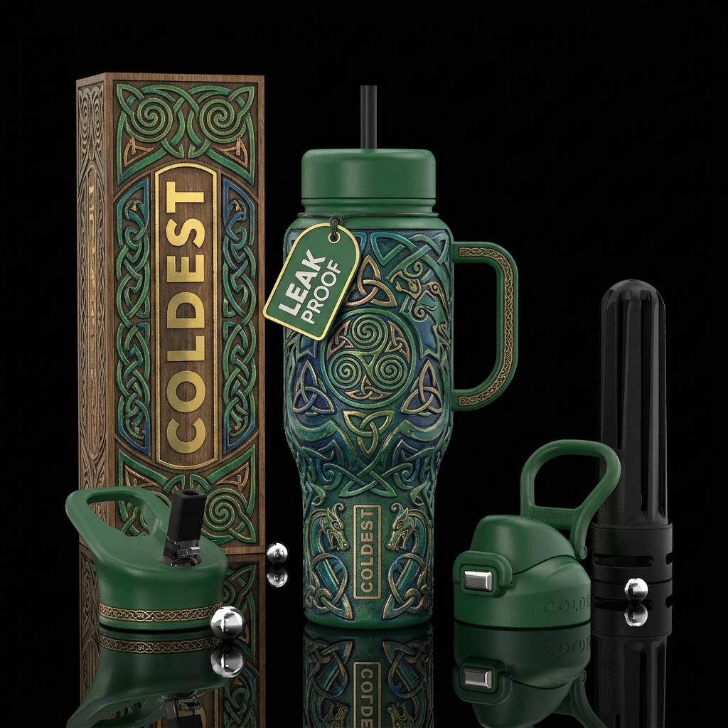 Intricate Irish carvings water bottle design