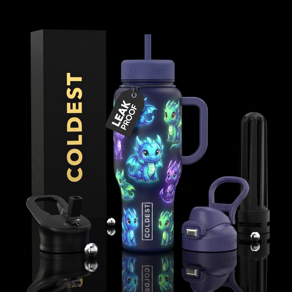 Glowy baby dragons with cartoon eyes water bottle design
