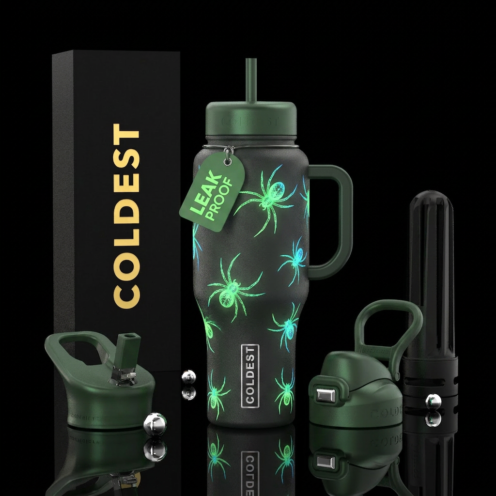 Glowy radioactive spiders water bottle design
