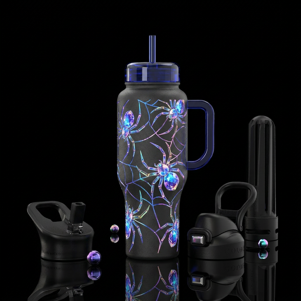 Glowy crystaline spiders water bottle design
