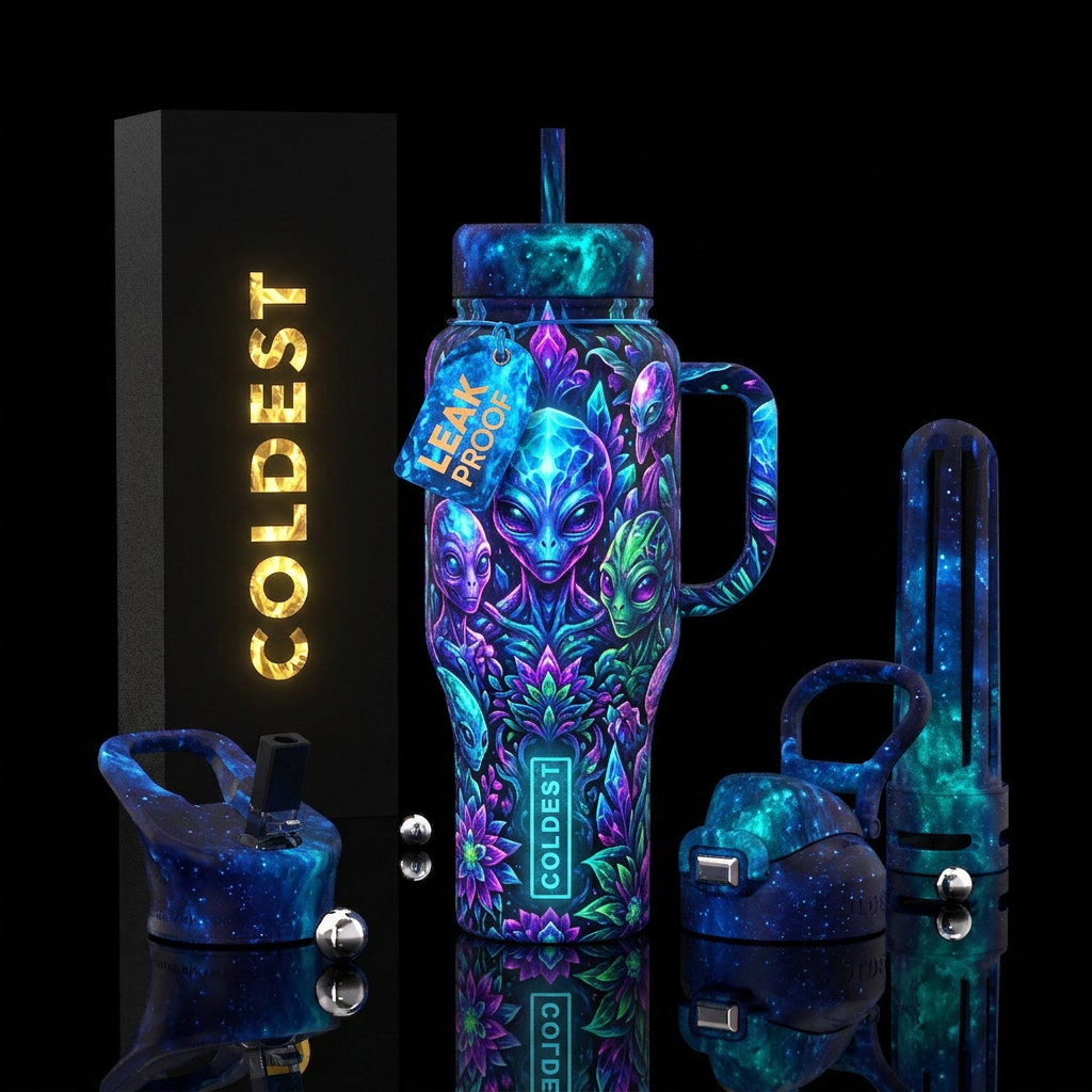 Glowy crystalline aliens water bottle design