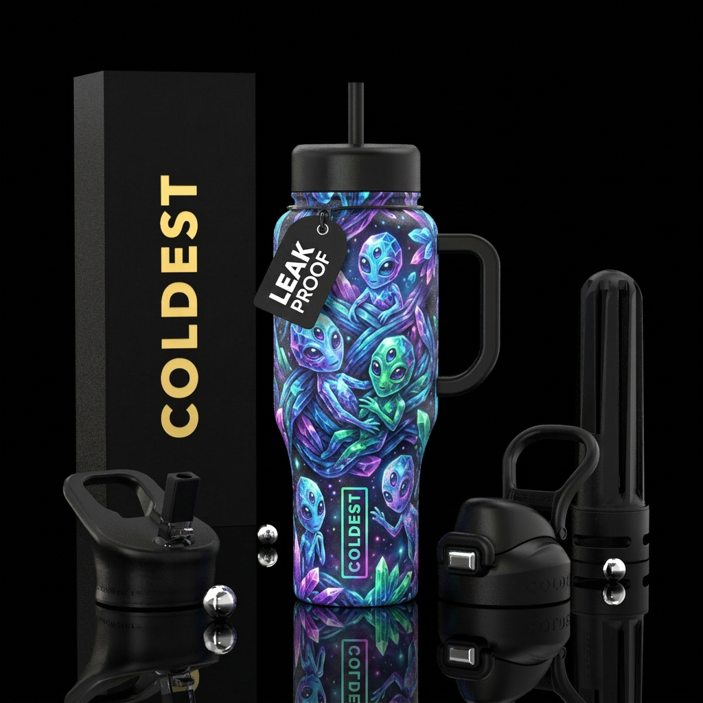 Glowy crystalline aliens water bottle design