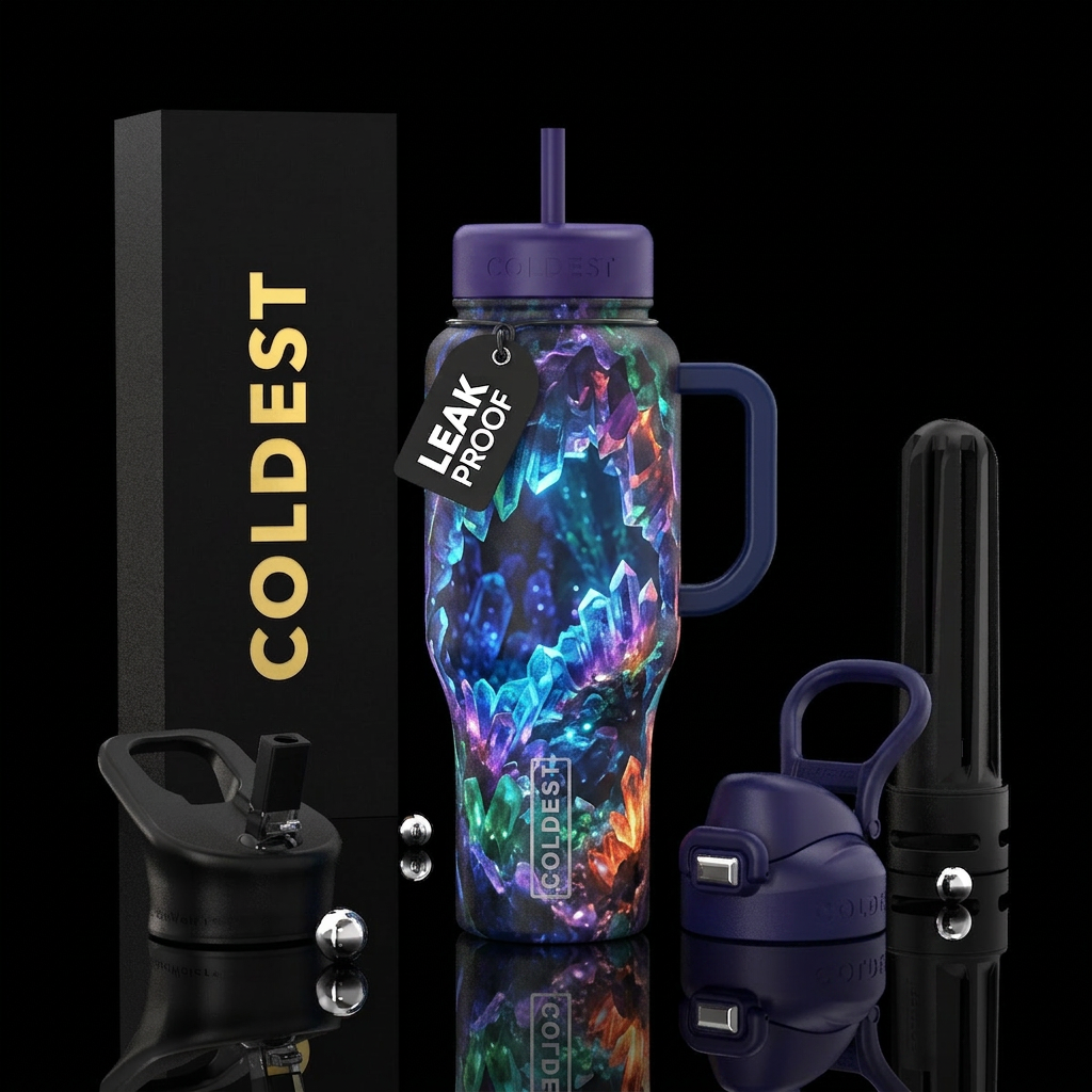 Glowy crystalline caves water bottle design