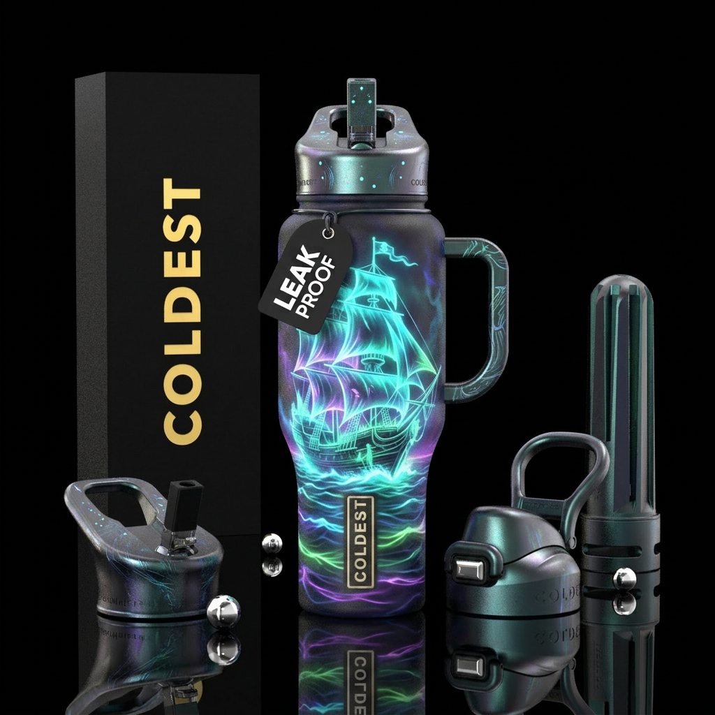 Glowy ghost pirate ship water bottle design