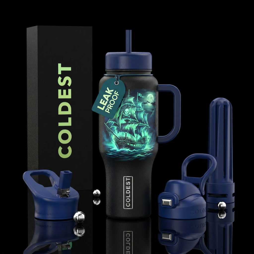 Glowy ghost pirate ship water bottle design
