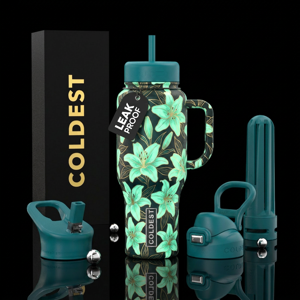 Glow in the dark lillies outlined in gold water bottle design