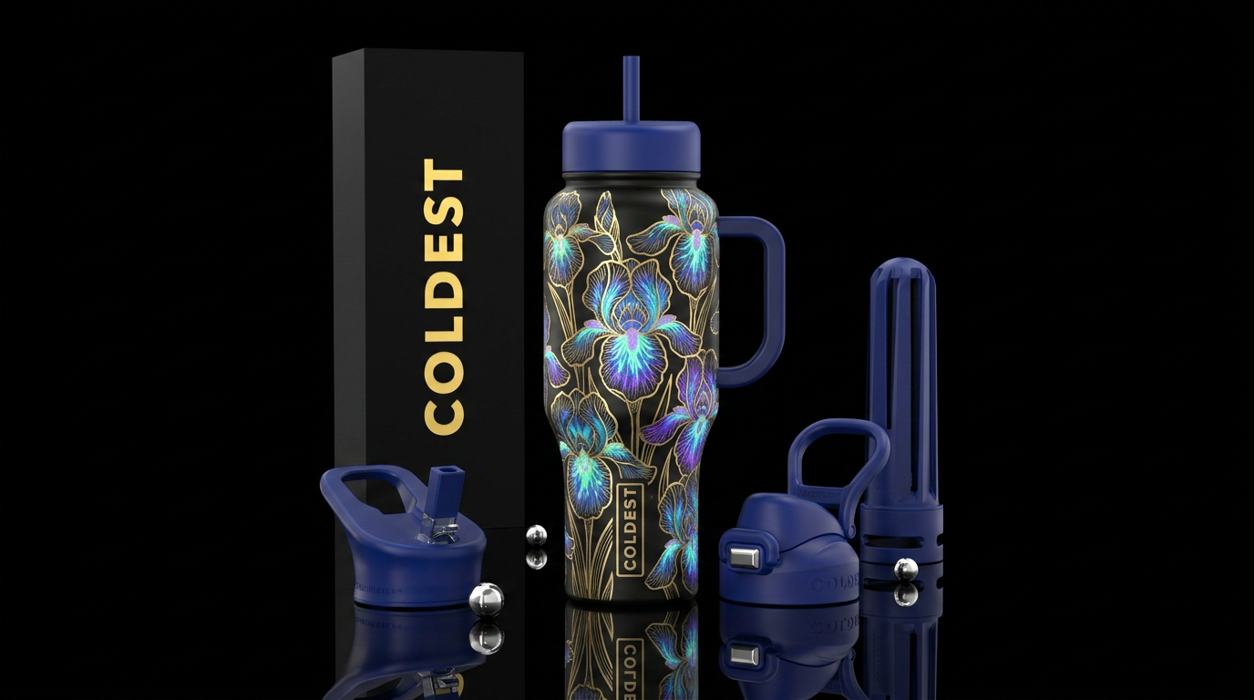 Glow in the dark iris outlined in gold water bottle design