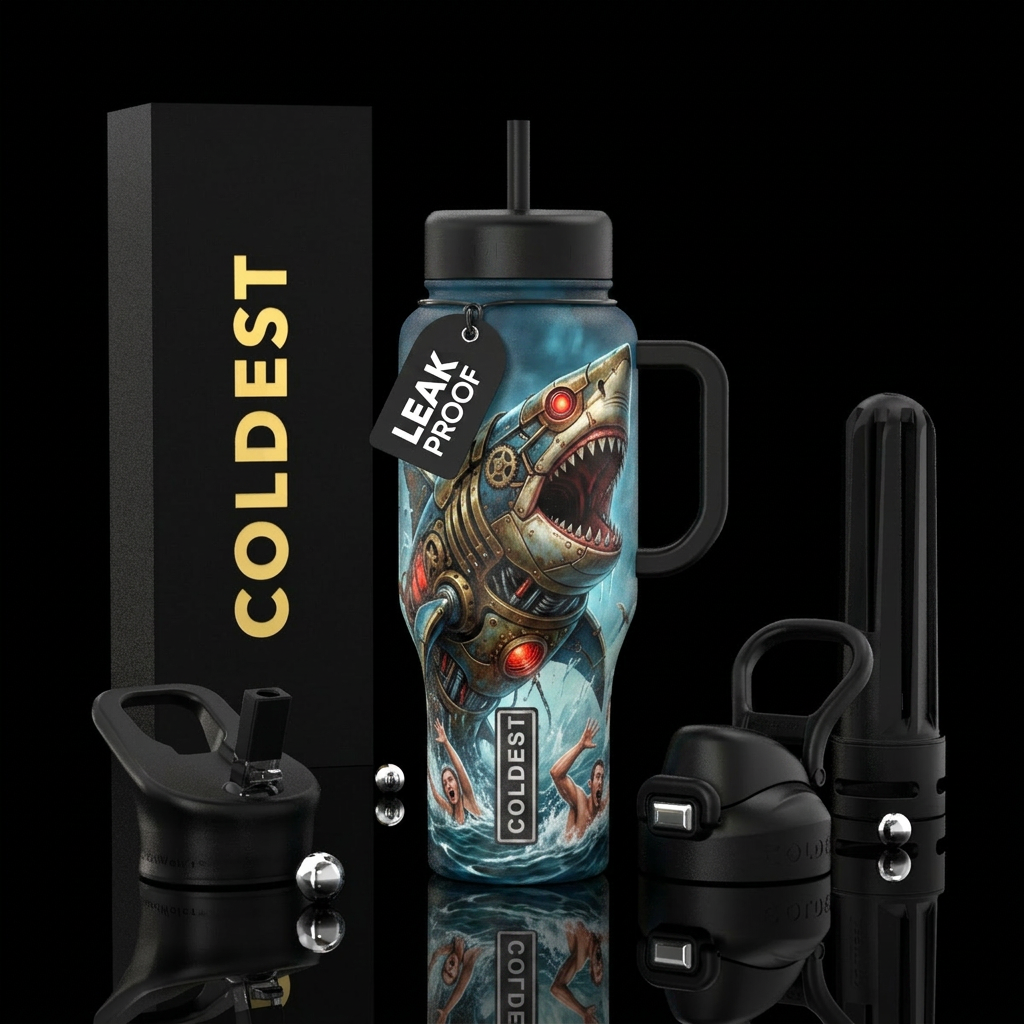 Mechanical great white terrorizing swimmers water bottle design