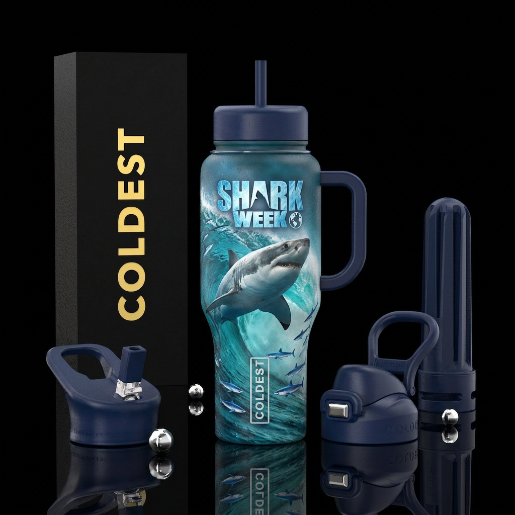 Shark week worldwide water bottle design