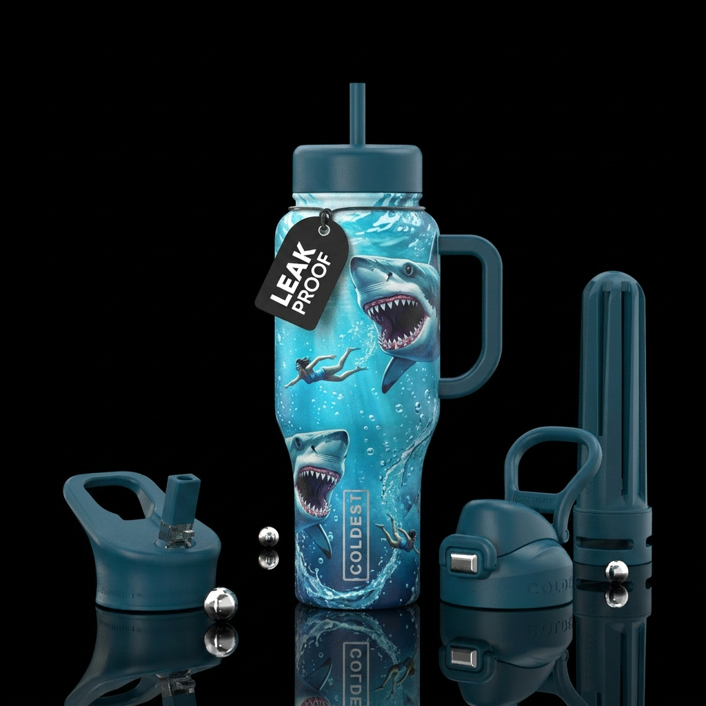 Great white terrorizing swimmers water bottle design
