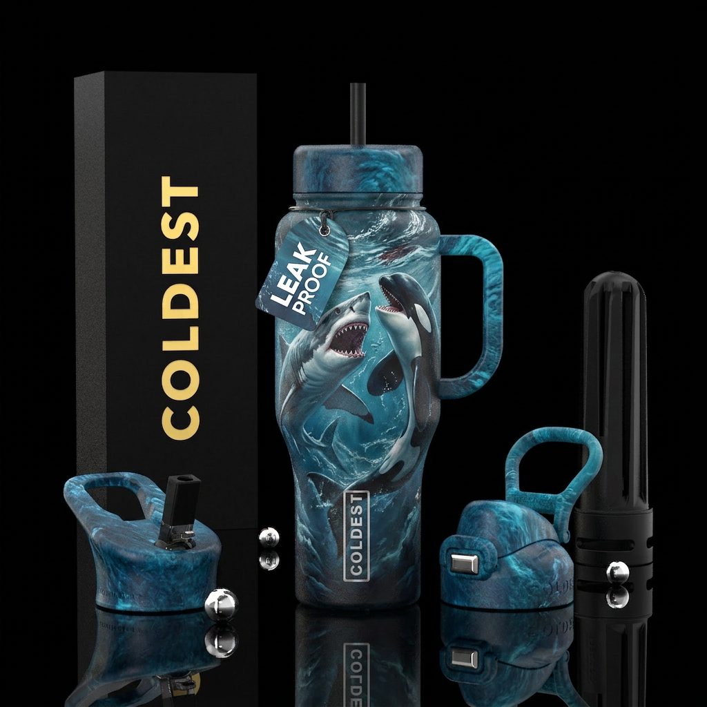 Great white orca battle water bottle design