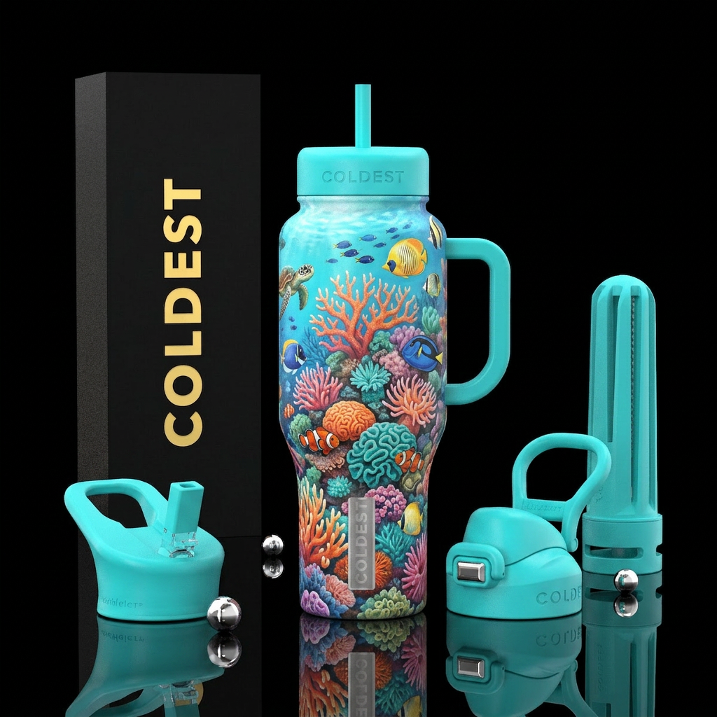 Tumbler isxa painting of a coral reef with all kin... water bottle design