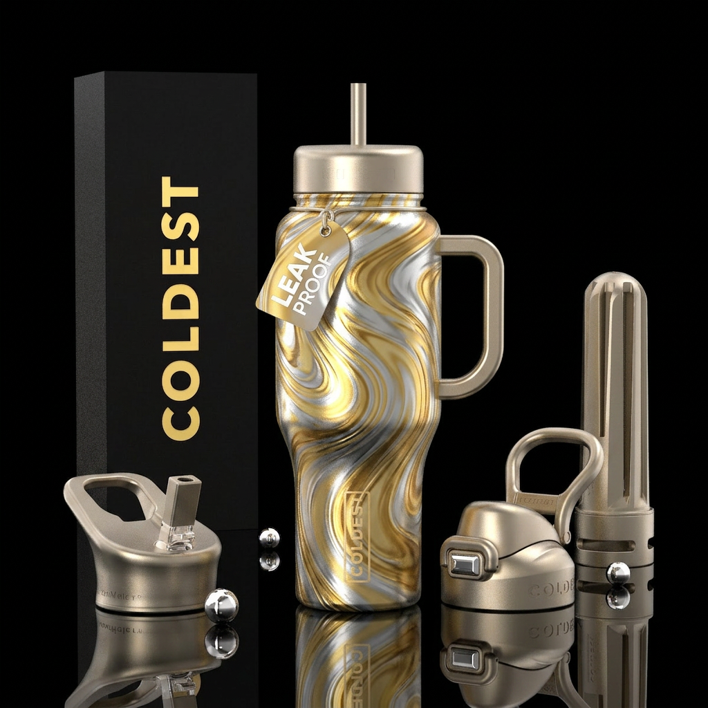 Tumbler is gold and silver swirls water bottle design