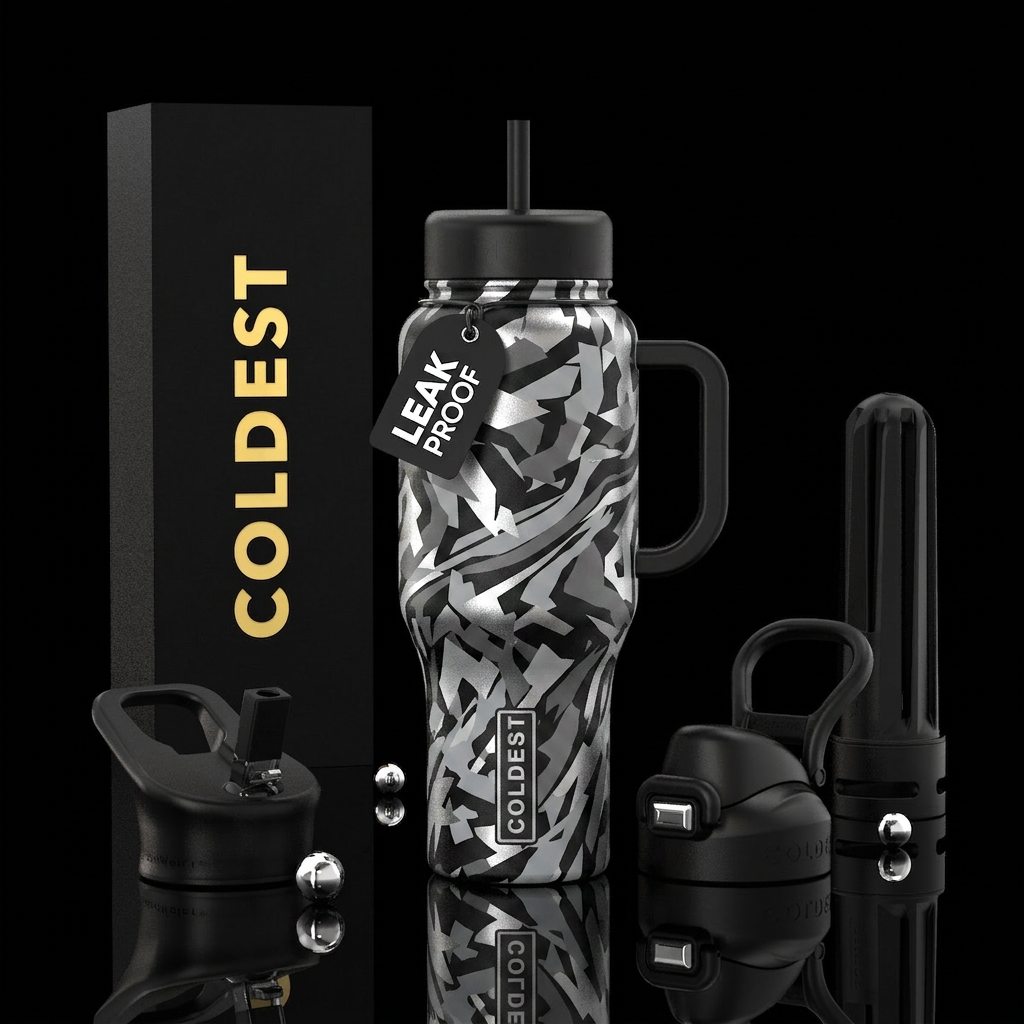 Tumbler is black, light Grey, dark Grey, and silve... water bottle design
