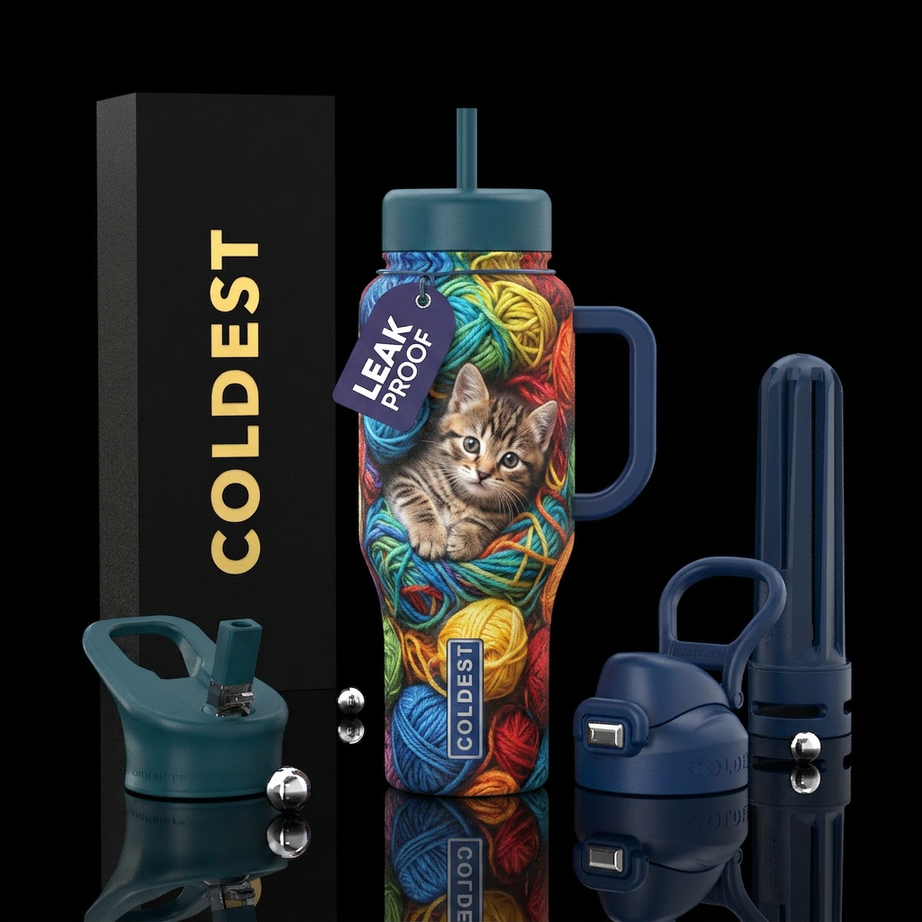 Tumbler is a pile of colored yarn with a baby kitt... water bottle design