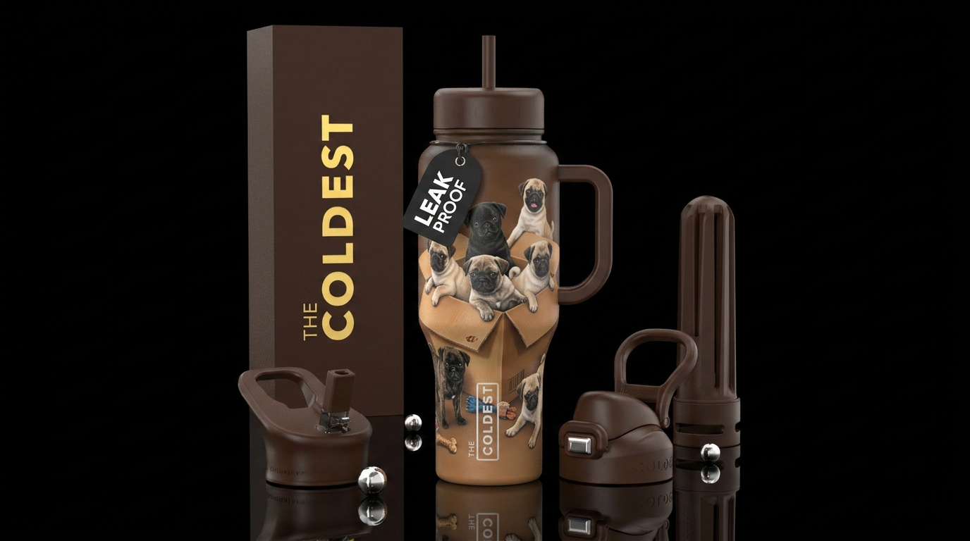 Tumbler is a box of pug puppies playing water bottle design