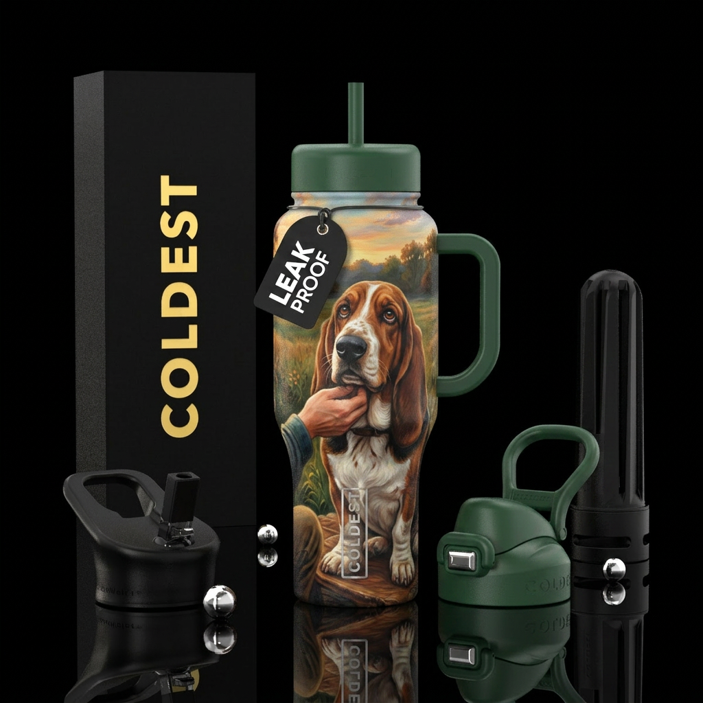 Tumbler is a basset hound looking at its owner water bottle design