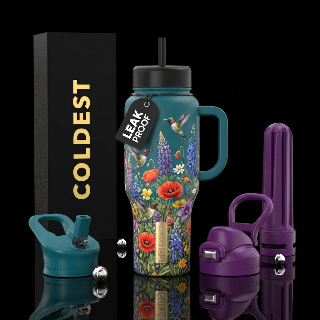 Hummingbirds in a field of colorful wildfowers water bottle design