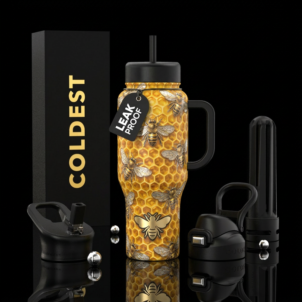 Bees in honeycomb water bottle design