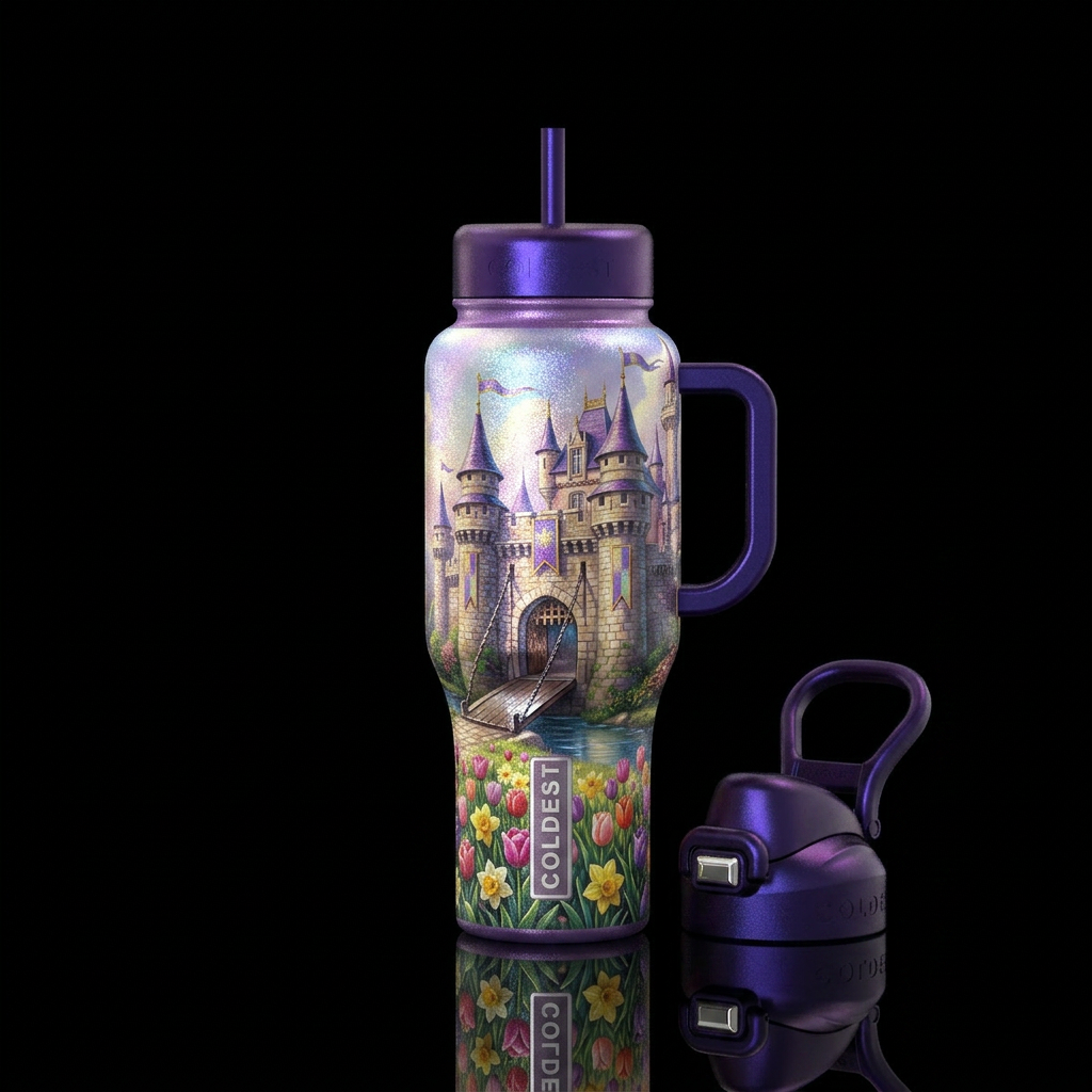 Shimmering mideaval castle with drawbridge and spr... water bottle design