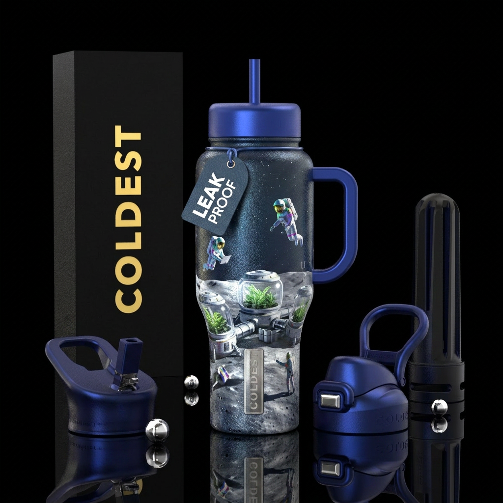Shimmering moon base with botanical pods and astro... water bottle design