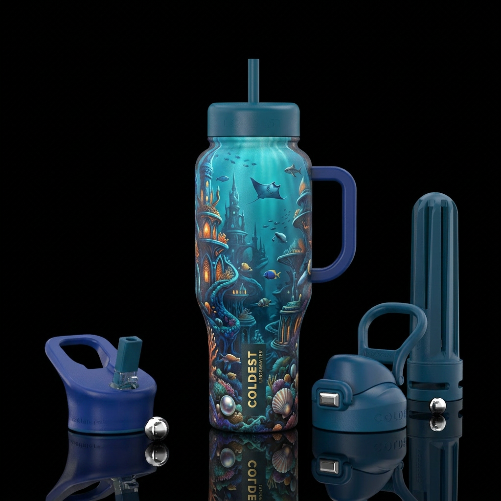 Underwater city teaming with life water bottle design