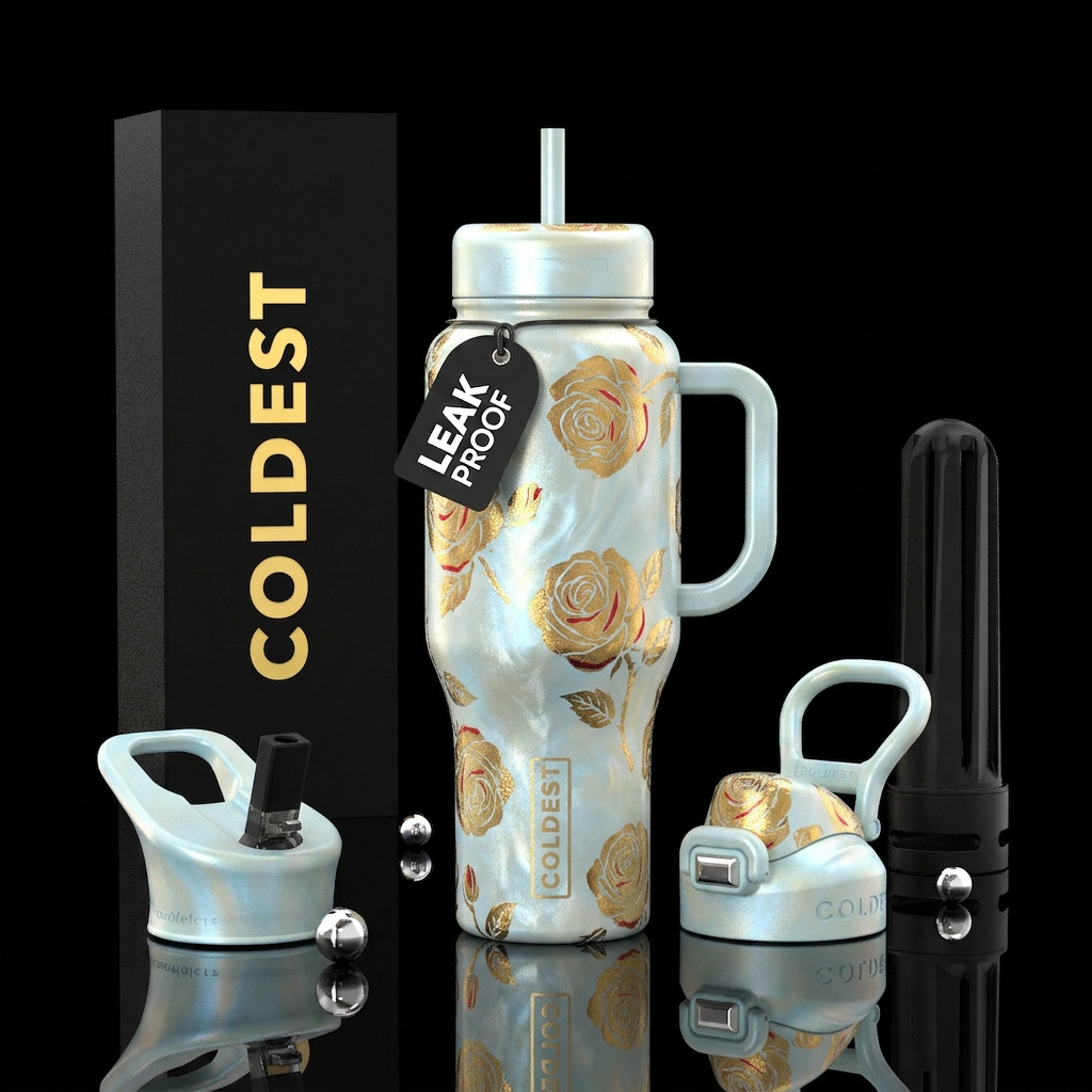 Golden roses kissed with red against creamy light ... water bottle design