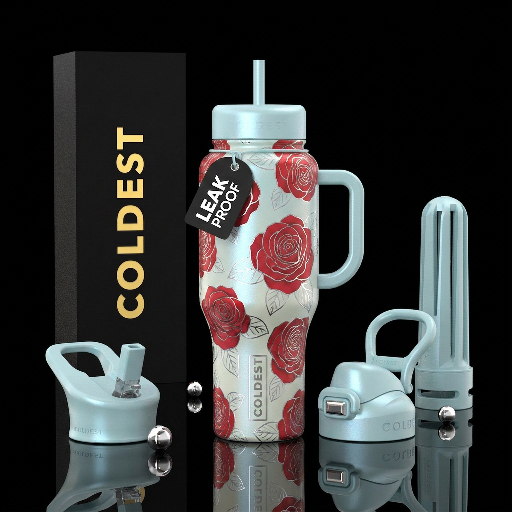 Red roses kissed with silver against creamy light ... water bottle design